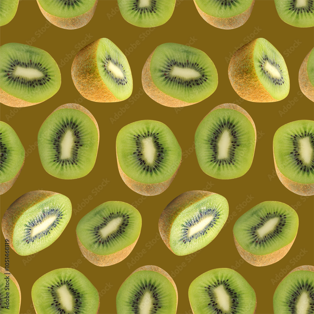 Fototapeta premium Kiwi halves seamless pattern for design. Juicy fresh fruit. Summer print wallpaper. Brown and green background