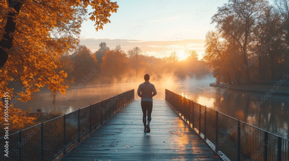 Solitary Figure Walking on a Bridge Over a Misty River at Sunrise Solitary Figure Walking on a Bridge Over a Misty River at Sunrise