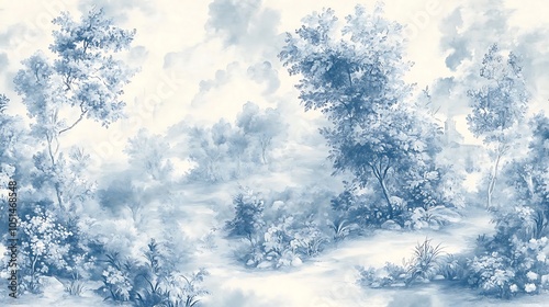 Classic Toile de Jouy Wallpaper Design with Intricate Floral and Landscape Motifs in Blue Tones, Watercolor style.