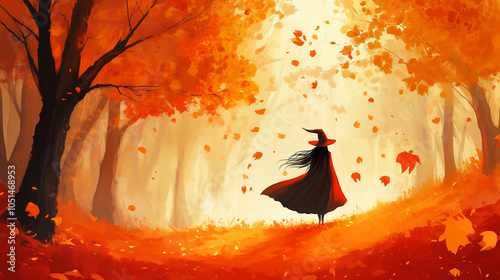 Young attractive witch walks in an orange forest during the autumn season. Helloween design.