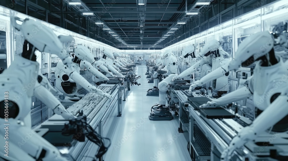 Photo of a factory filled with robotic arms and automated assembly lines integrating Industry 4.0 technology, with workers working with machines in a clean environment. Photo of a factory filled with robotic arms and automated assembly lines integrating Industry 4.0 technology, with workers working with machines in a clean environment.