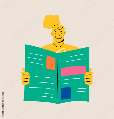 Woman reading the newspaper, reports, newsletter. Colorful vector illustration