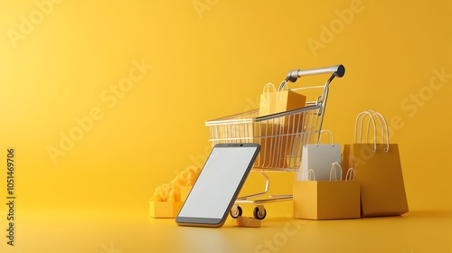 Online shopping cart with mobile devices shopping bags and delivery boxes on a bright yellow background representing the e commerce and digital retail experience