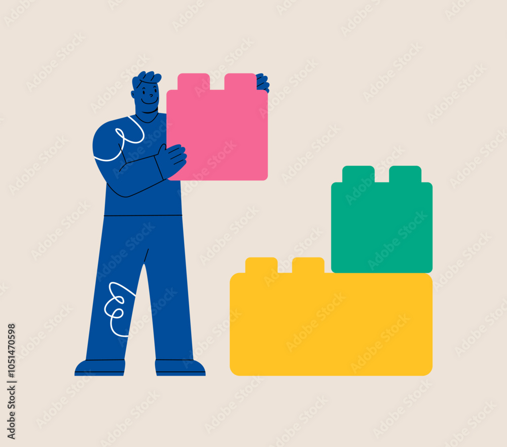 Man creating Construction connector bricks. Brainstorming, development, solution. Colorful vector illustration