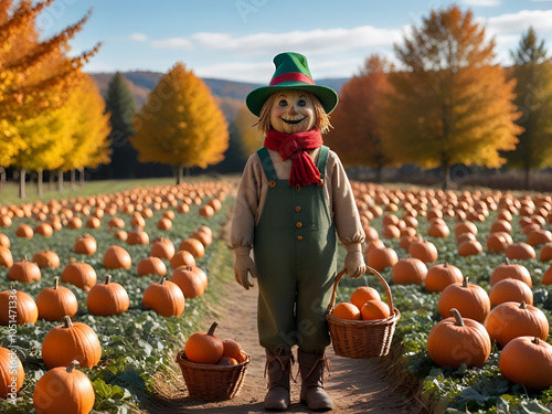 A happy scarecrow surrounded by pumpkins in a festive autumn garden for Halloween Generative AI
