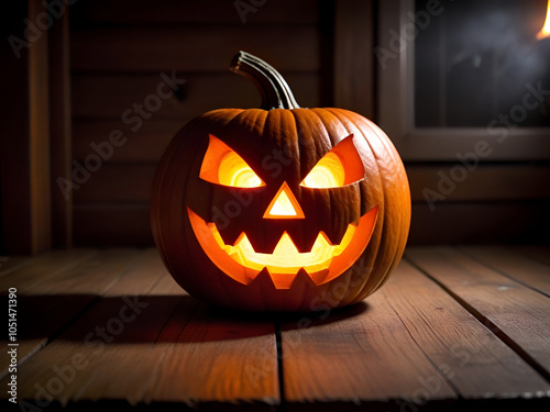 A spooky Halloween jack-o'-lantern with a carved evil smile glowing in the dark Generative AI