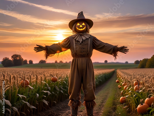 A spooky scarecrow stands in a pumpkin-filled field under a dark night sky with a full moon, surrounded by bats and autumn trees, capturing the essence of Halloween fun and celebration Generative AI photo