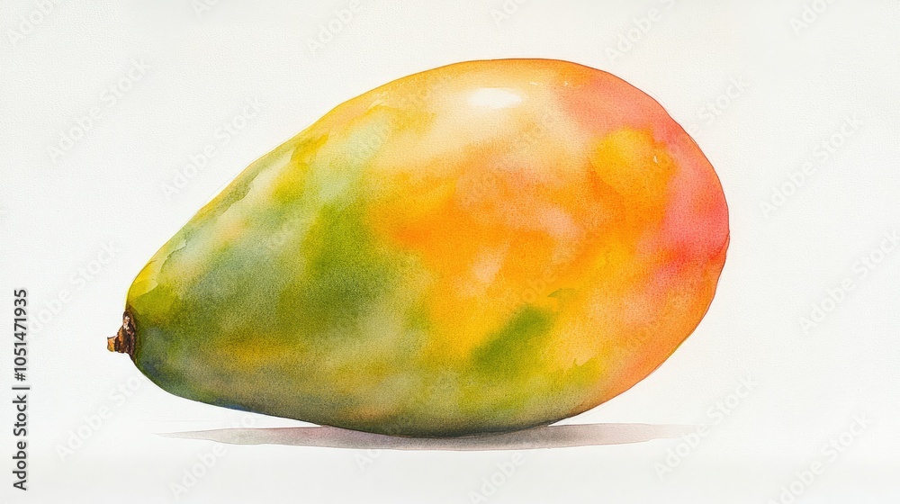 Fototapeta premium A lively watercolor painting of a ripe mango, showcasing vibrant orange and green colors, isolated on a white background for a tropical feel