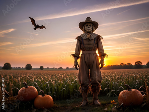 Scarecrow surrounded by smiling pumpkins in a festive autumn field, capturing the spirit of Halloween and harvest season Generative AI photo