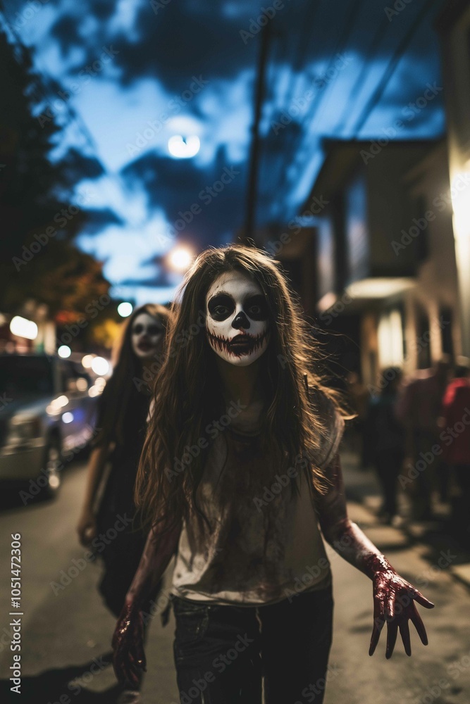 Halloween, young girl dressed as a zombie, face painted like a zombie, hands sticking out in front of her like a zombie, walking towards the front of the screen
Halloween, young girl dressed as a zombie, face painted like a zombie, hands sticking out in front of her like a zombie, walking towards the front of the screen