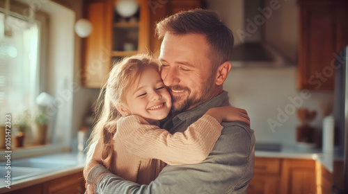 A joyful father and daughter share a warm hug in their cozy kitchen, capturing a moment of love and happiness