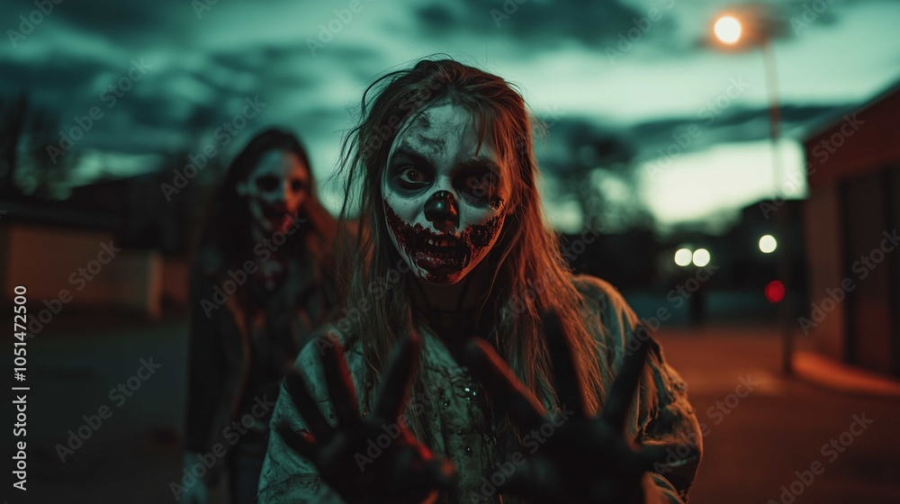 Halloween, young girl dressed as a zombie, face painted like a zombie, hands sticking out in front of her like a zombie, walking towards the front of the screen
Halloween, young girl dressed as a zombie, face painted like a zombie, hands sticking out in front of her like a zombie, walking towards the front of the screen