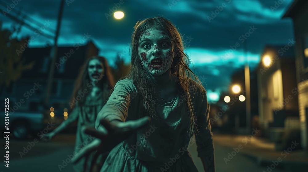 Halloween, young girl dressed as a zombie, face painted like a zombie, hands sticking out in front of her like a zombie, walking towards the front of the screen
