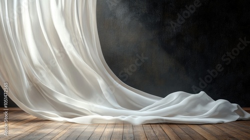 A luxurious ambiance with a flowing white curtain backdrop cascading over a warm wooden floor, beautifully contrasted by a black wall.