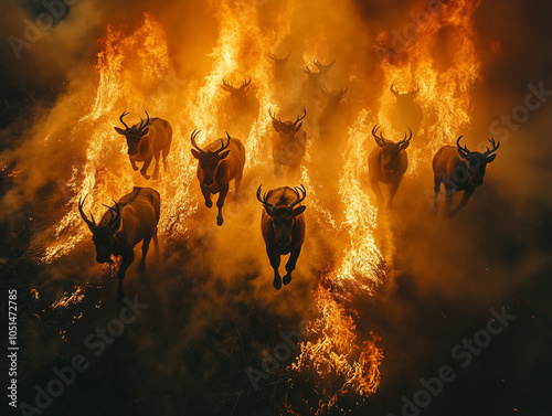 Fleeing Through Flames: Wildlife in Peril. Generative AI photo