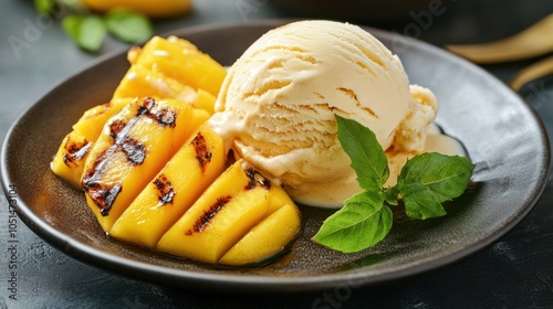 A scoop of ice cream served with grilled mango slices, offering a warm, caramelized fruit topping that contrasts with the cold dessert