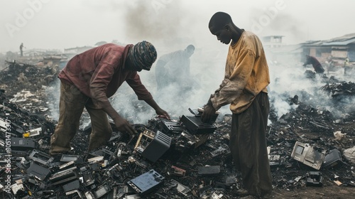 Workers in a developing country dismantling e-waste without protective gear, surrounded by toxic fumes and debris from burning electronic components
