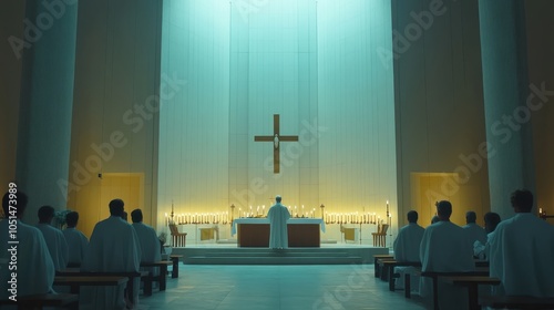 
A scene from a Catholic Mass featuring a priest at the altar, flickering candles, and congregants in prayer, highlighting the solemnity and reverence of the ceremony. photo