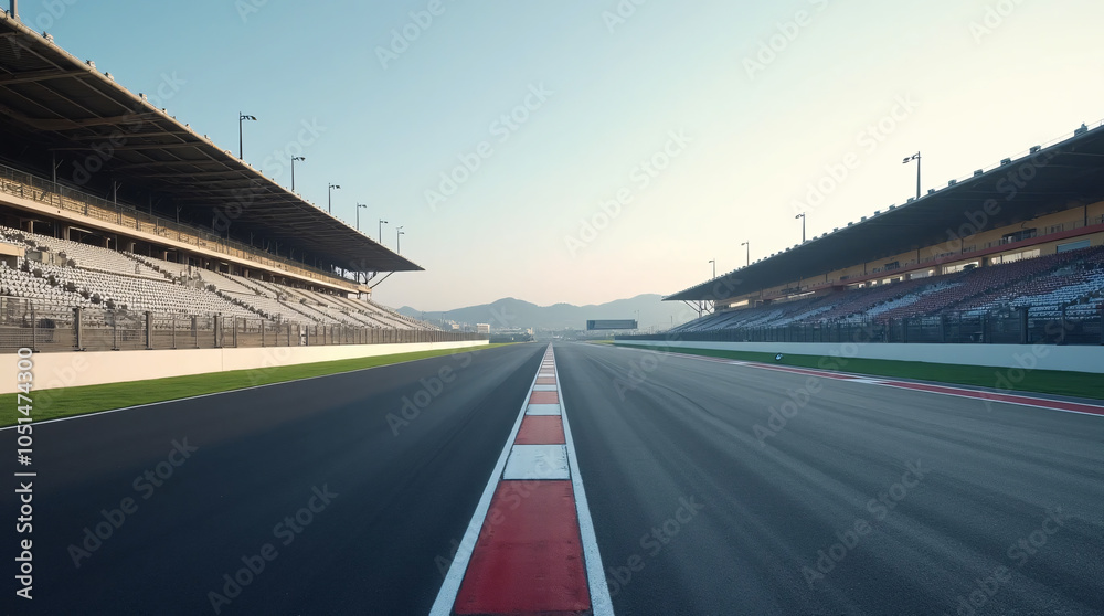 Obraz premium front view of a race car on a racetrack with speed effect