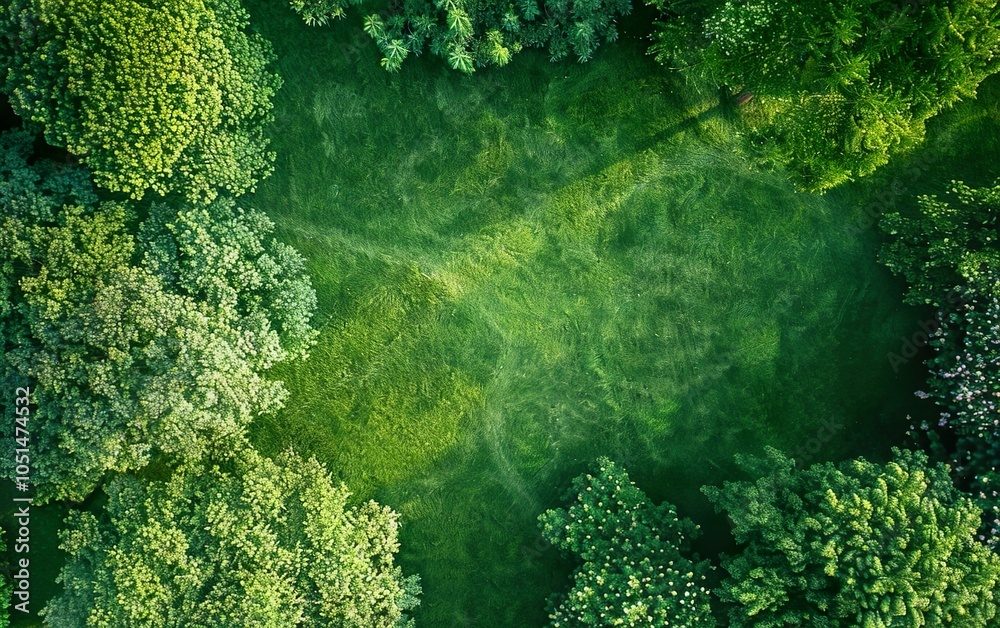 Top view garden fresh background. Mowed lawn, cut grass in the park. Drone shot, copy space. Lush nature poster with bushes, trees, harsh shadows, sunlight. Green field, birds eye view. AI generated Top view garden fresh background. Mowed lawn, cut grass in the park. Drone shot, copy space. Lush nature poster with bushes, trees, harsh shadows, sunlight. Green field, birds eye view. AI generated