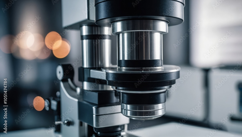 Scientific optical microscope with metal lens at laboratory. Laboratory instrument - optical electron microscope. Concept of science and microscopic research Scientific optical microscope with metal lens at laboratory. Laboratory instrument - optical electron microscope. Concept of science and microscopic research