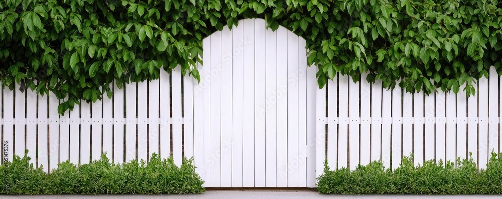 A white picket fence with a charming archway, surrounded by lush green foliage. Perfect for garden or home decoration themes. A white picket fence with a charming archway, surrounded by lush green foliage. Perfect for garden or home decoration themes.