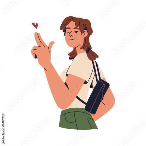 Young woman gesturing with heart sign, showing love with fingers, smiling and winking. Attractive girl, modern trendy female character flirting. Flat vector illustration isolated on white background