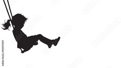 Black silhouette of baby girl flying high with fun on rope swing