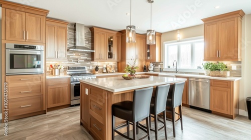 Professional photography, modern honey oak cabinets in a transitional kitchen
