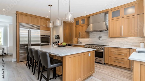 Professional photography, modern honey oak cabinets in a transitional kitchen
