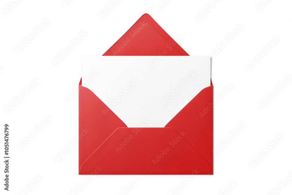 © PrimeMockup - Opened red envelope mockup with blank paper isolated on a transparent background, PNG. High resolution.