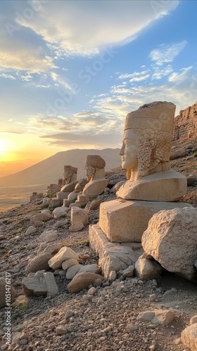 Nemrut Mountain, Anatolia, Turkey top the god Apollo, (Mithra) and ancient stone statues of the Goddess Tyche of Commagene ruins photo