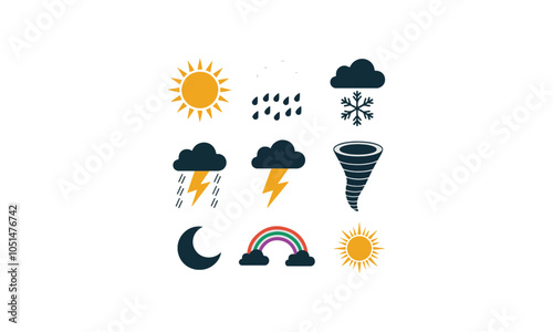 A clean vector set of weather icons featuring sunny, cloudy, rainy, snowy, thunderstorm, tornado, moon, and rainbow designs. Ideal for weather apps, forecasts, and climate-related projects.
