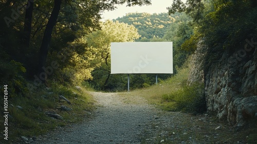 A white billboard situated in a hilly, forested region, encircled by trees with a small gravel path leading up to it.