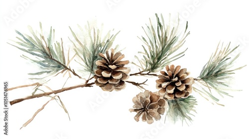 A peaceful watercolor painting of a pine tree branch with pinecones, painted in shades of green and brown, isolated on a clean white background