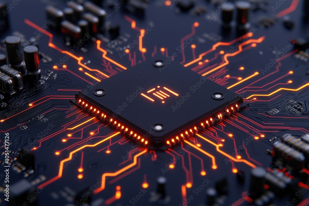 Closeup conceptual computer motherboard commercial photo of crypto mining technology Closeup conceptual computer motherboard commercial photo of crypto mining technology