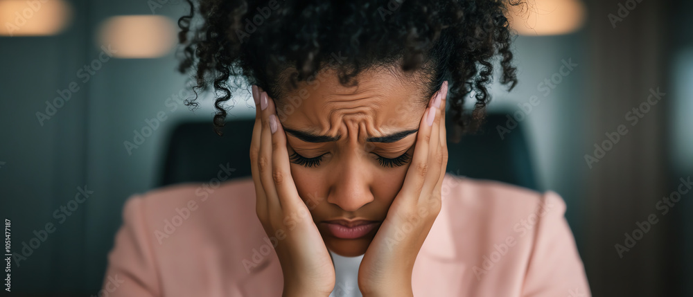 A stressed young woman holds her head in frustration, showcasing the challenges of modern life and mental health struggles in the workplace.
