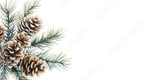 A peaceful watercolor painting of a pine tree branch with pinecones, painted in shades of green and brown, isolated on a clean white background