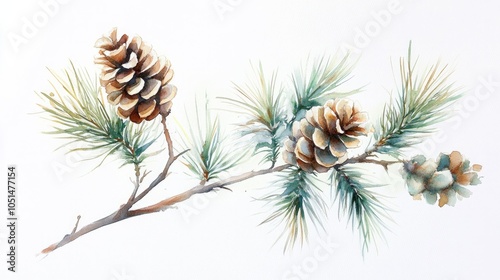 A peaceful watercolor painting of a pine tree branch with pinecones, painted in shades of green and brown, isolated on a clean white background