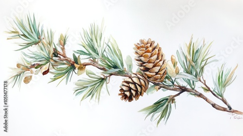 A peaceful watercolor painting of a pine tree branch with pinecones, painted in shades of green and brown, isolated on a clean white background