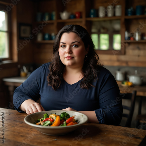 Portrait Of A Confident Plus-size Woman, Fat, Weight Loss, Looks At A Plate Of Colorful Grilled Vegetables, Sitting In The Dining Room In A Cozy Kitchen Atmosphere, Happy For Change Lifestyle Healthy 