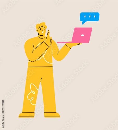 Online communication male with laptop chat.  Colorful vector illustration