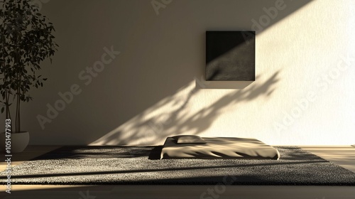 Modern minimalistic interior, a bed in the bedroom against an empty white wall, a carpet on the floor, a small square unframed painting on the wall
 photo