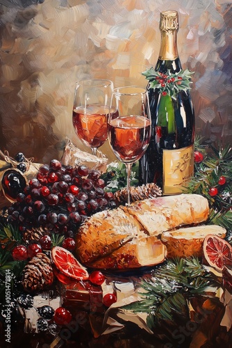 Oil painting festive Christmas food with premium wine drink