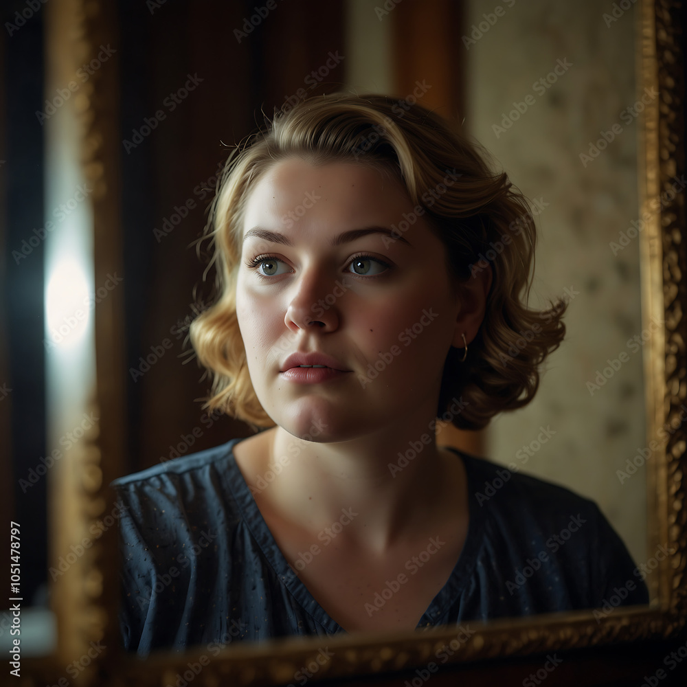 Portrait Of A Plus-size Woman Looking At A Vintage Mirror With Contemplative Expression, Warm Glow, Soft-focus, Emotional Portrait Self-reflection Portrait Of A Plus-size Woman Looking At A Vintage Mirror With Contemplative Expression, Warm Glow, Soft-focus, Emotional Portrait Self-reflection