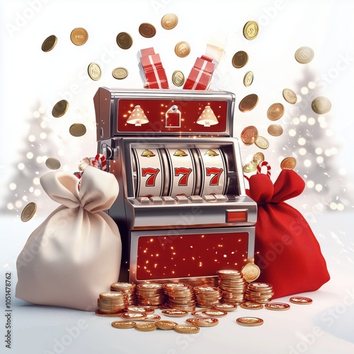 Casino Christmas lottery jackpot win banner, slot machine, money bags, falling coins