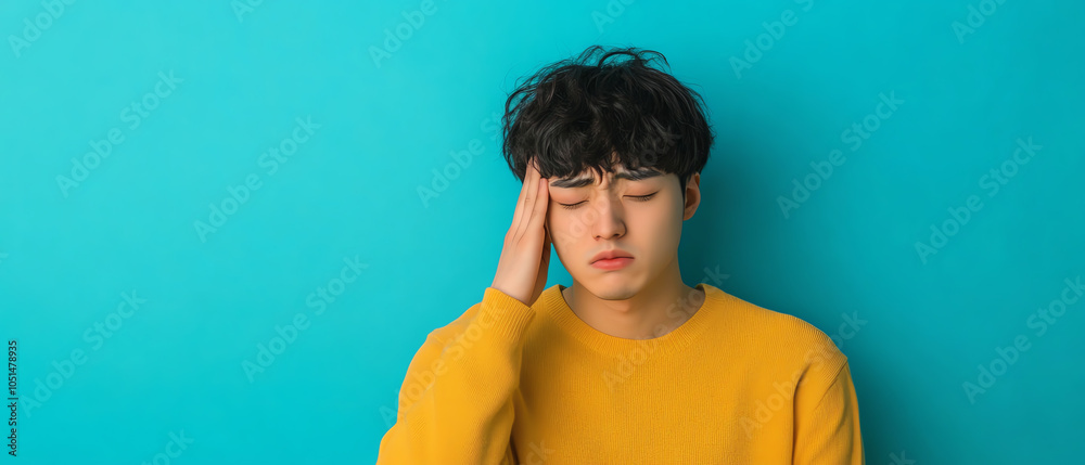 A young man with curly hair wearing a yellow sweater, looking pensive and stressed against a blue background, reflecting a state of mental fatigue.