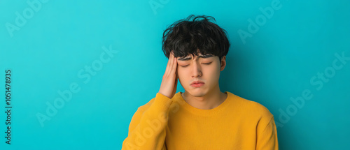 Obraz na płótnie A young man with curly hair wearing a yellow sweater, looking pensive and stressed against a blue background, reflecting a state of mental fatigue. w salonie