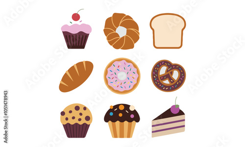 A delightful vector collection of baked goods and desserts, featuring cupcakes, donuts, bread, pretzels, and cake slices. Perfect for bakery branding, menu designs, and food-themed projects.
