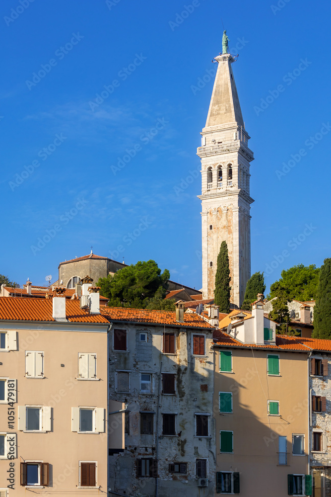 Fototapeta premium Rovinj, Croatia old town, church bell tower